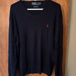 Polo Ralph Lauren Men's XL 100% Cotton Navy Blue V Neck Long Sleeve Sweater